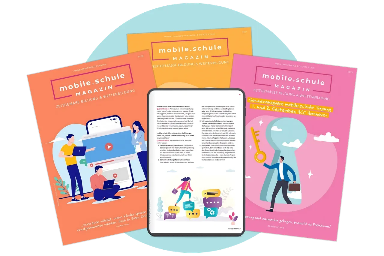 Drei Ausgaben des mobile.schule Magazins mit Illustrationen von Personen und Text, mittig ein Bildschirm mit einer Person und Text.